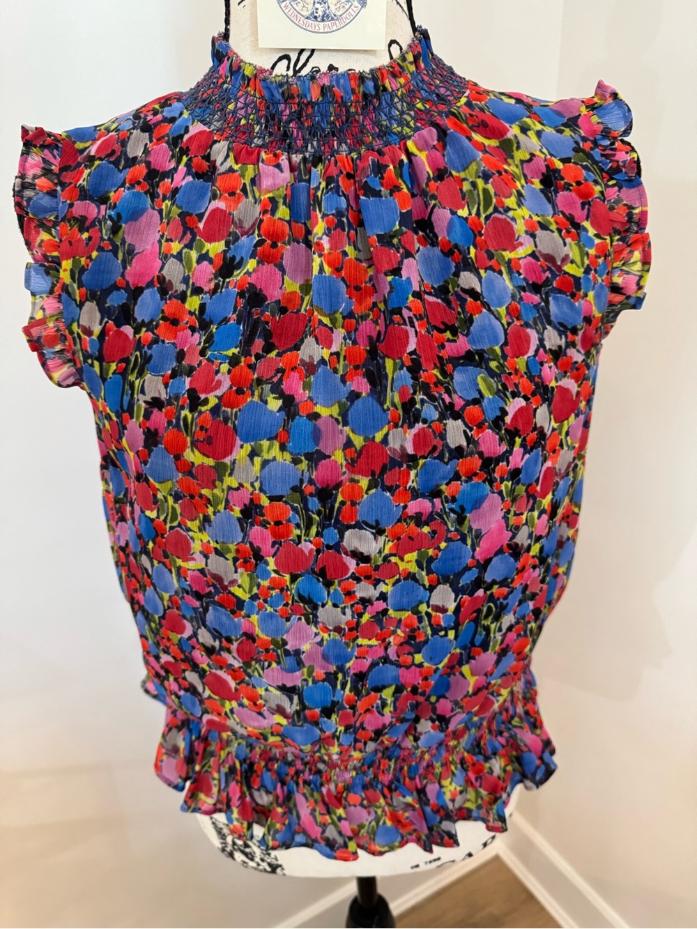 J Crew Multicolor Floral Chiffon Smocked High Neck Sleeveless Ruffle Size 0